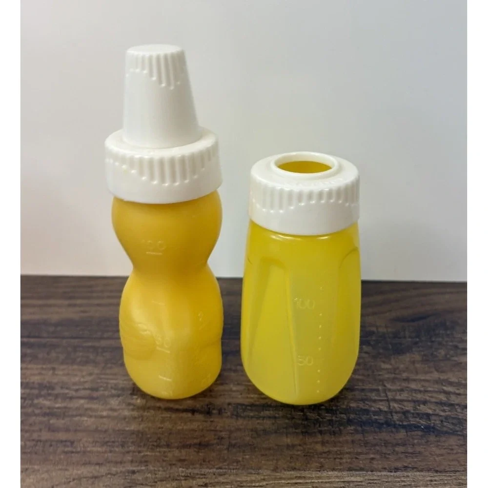 Vintage Lot Of 2 Gerber Plastic Baby Bottle Set Yellow Owl One Lid